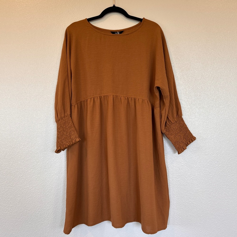 Dokotoo Womens Rust Brown Babydoll Tunic Dress Smocked Long Sleeve Size L NEW